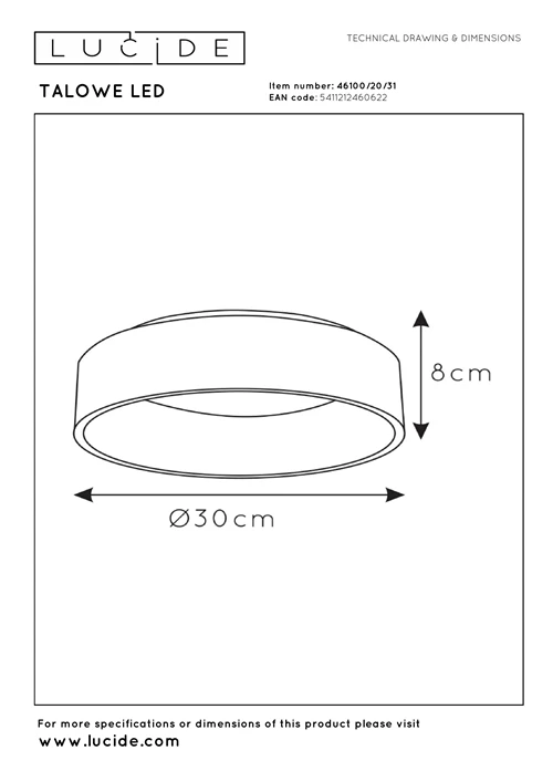 Lucide TALOWE LED - Deckenleuchte - Ø 30 cm - LED Dim. - 1x20W 3000K - Weiß - technisch